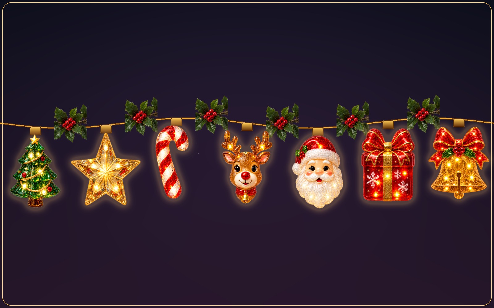 Classic Christmas's tree, star, candy-cane, reindeer, santa, gift, and bell ornaments with its Holly & Berry garland draped between them