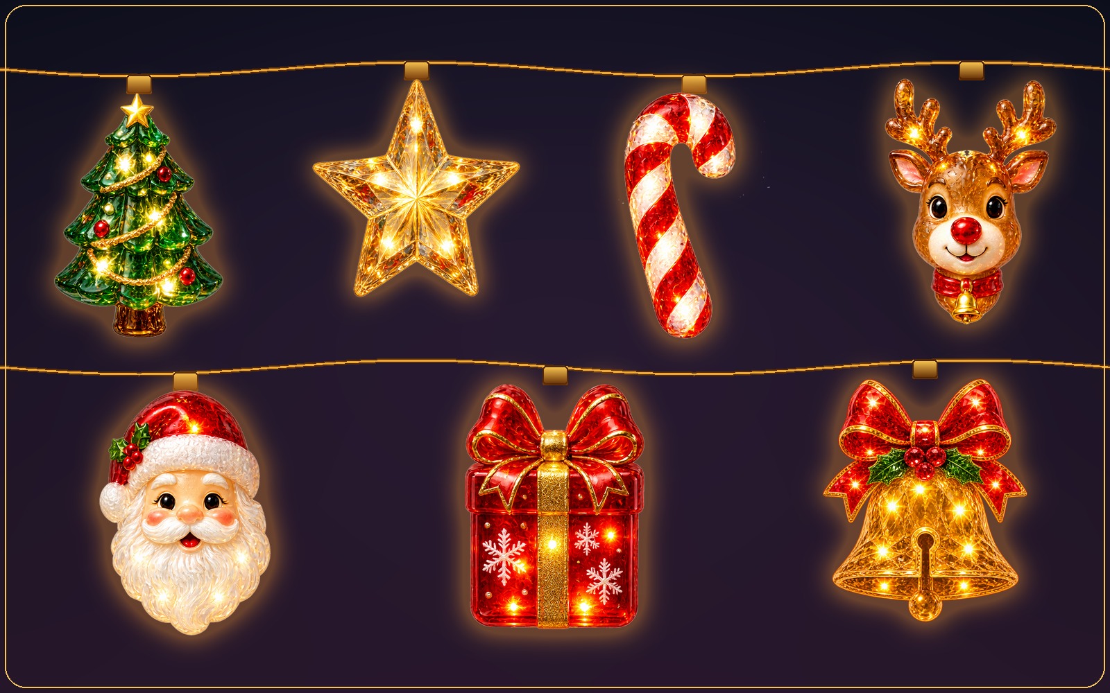 Classic Christmas lights and ornaments around a Mac display