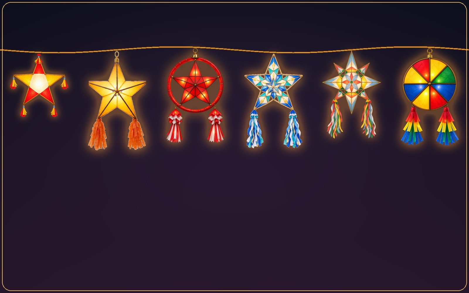 Colorful Filipino parol lights and poinsettia garland on a Mac display