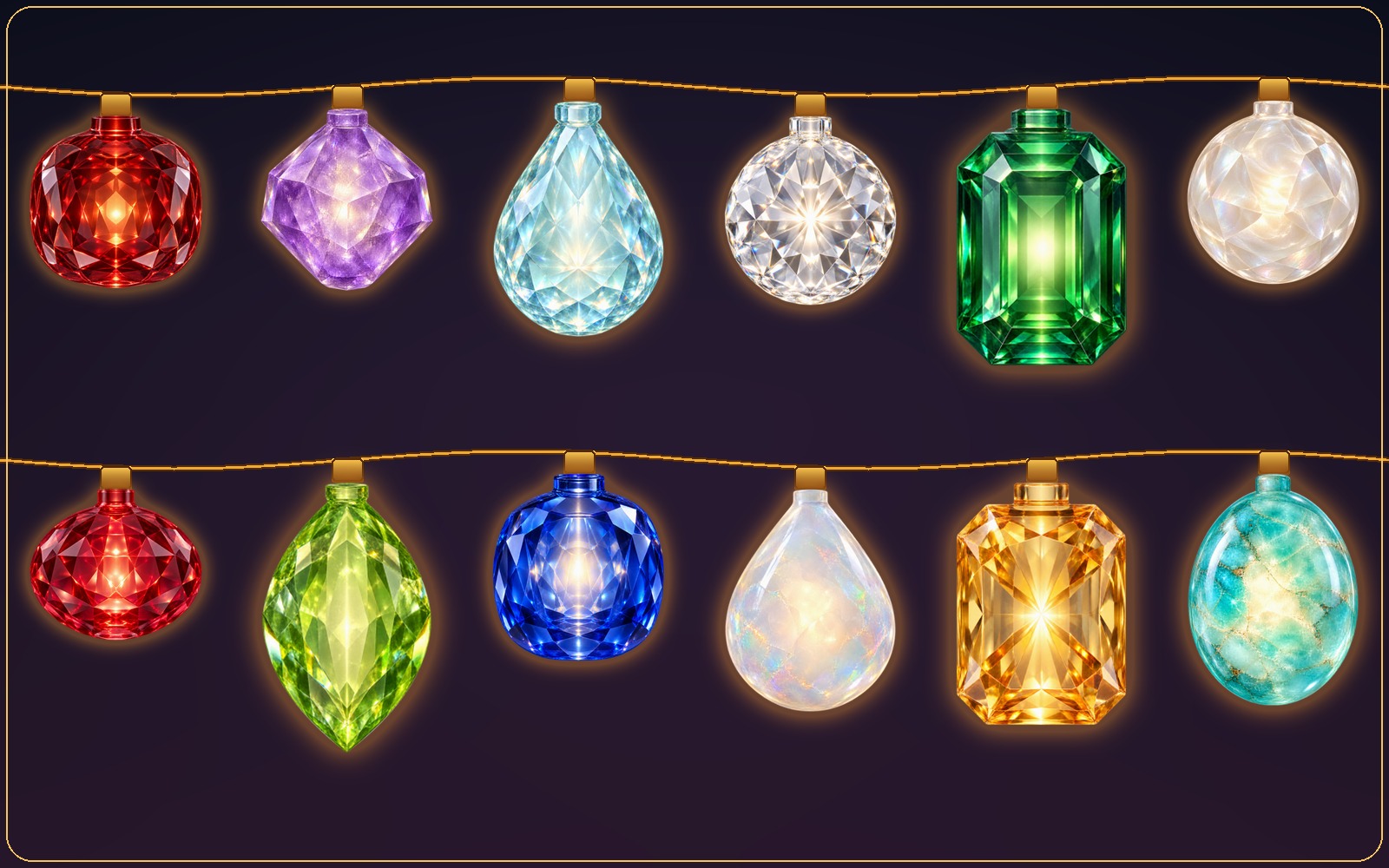 Colorful gemstone lights decorating a Mac display