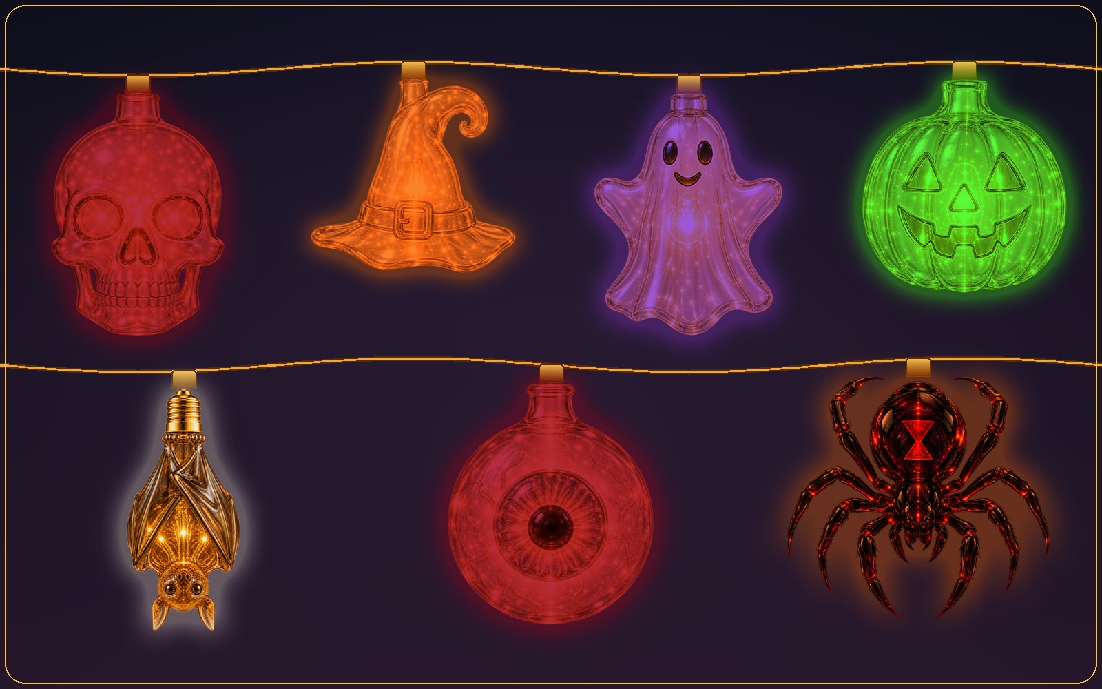 Halloween skulls, ghosts, pumpkins, and bats decorating a Mac desktop