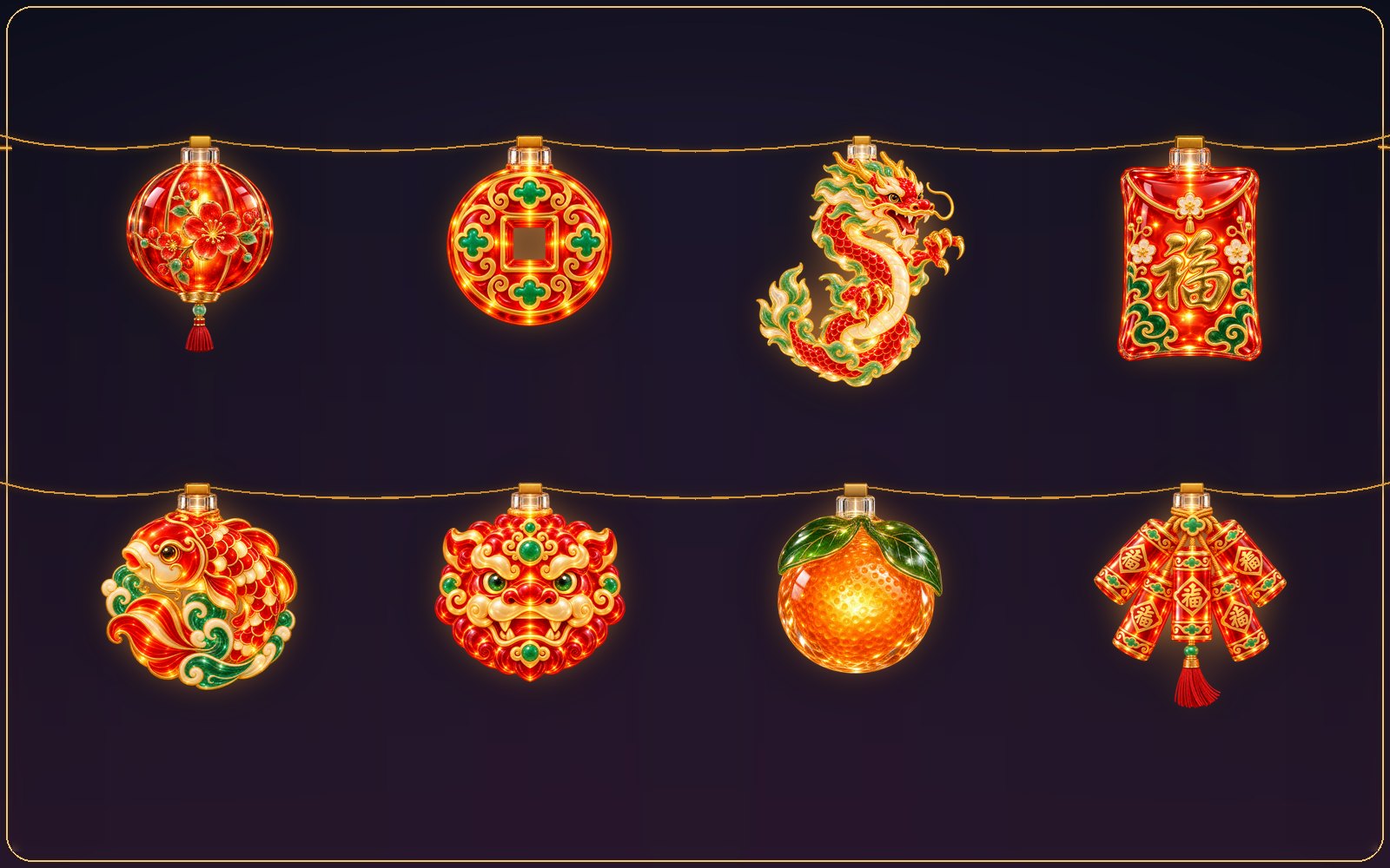 Lunar New Year lanterns, dragon, koi, and gold coin lights decorating a Mac desktop