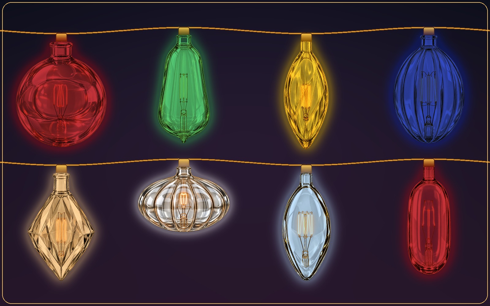 Vintage glass string lights around a Mac desktop